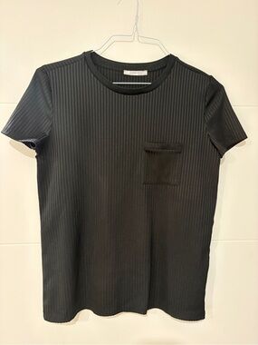 Zara Black Ribbed Short-Sleeve Pocket Tee